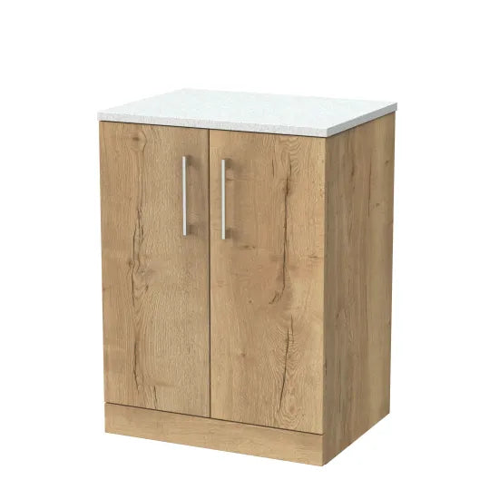 nuie lux Kivo 600mm Autumn Oak 2 Door Floor Standing Vanity Unit With White Matt Nebula Worktop