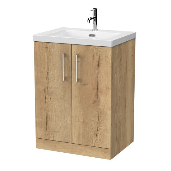 nuie lux Kivo 600mm Autumn Oak 2 Door Floor Standing Vanity Unit With 1 Tap Hole Fireclay Square Basin