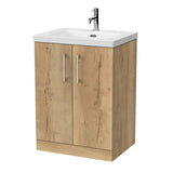 nuie lux Kivo 600mm Autumn Oak 2 Door Floor Standing Vanity Unit With 1 Tap Hole Fireclay Square Basin