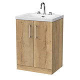 nuie lux Kivo 600mm Autumn Oak 2 Door Floor Standing Vanity Unit With 3 Tap Holes Fireclay Square Basin