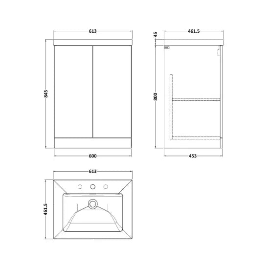 nuie lux Kivo 600mm Autumn Oak 2 Door Floor Standing Vanity Unit With 3 Tap Holes Fireclay Square Basin