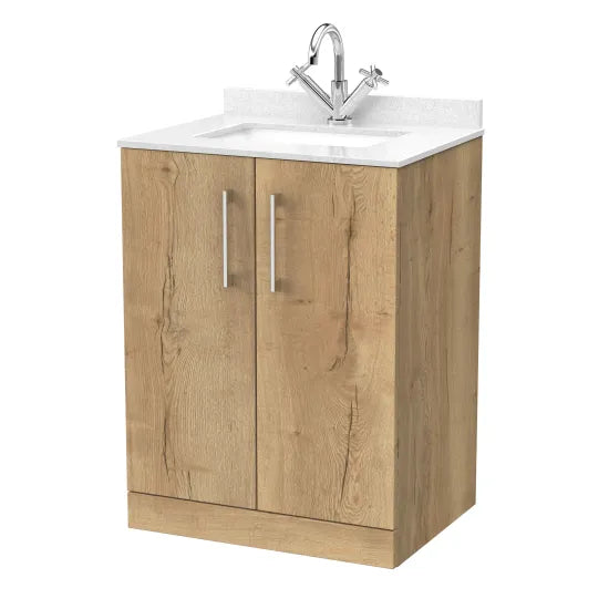nuie lux Kivo 600mm Autumn Oak 2 Door Floor Standing Vanity Unit With 1 Tap Hole Marble Worktop