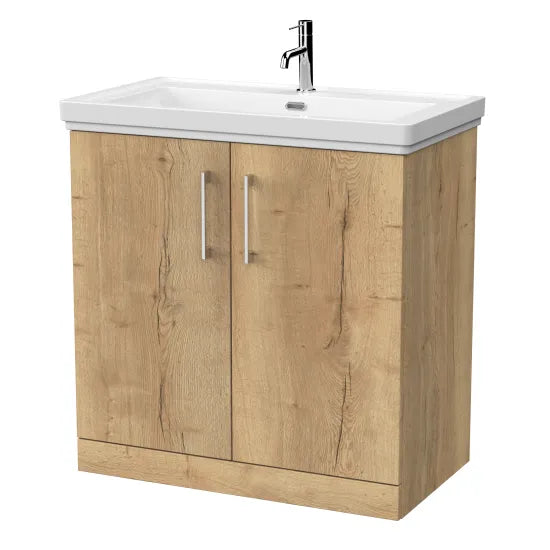 nuie lux Kivo 800mm Autumn Oak 2 Door Floor Standing Vanity Unit With 1 Tap Hole Fireclay Basin With Ceramic Basin