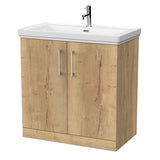 nuie lux Kivo 800mm Autumn Oak 2 Door Floor Standing Vanity Unit With 1 Tap Hole Fireclay Basin With Ceramic Basin