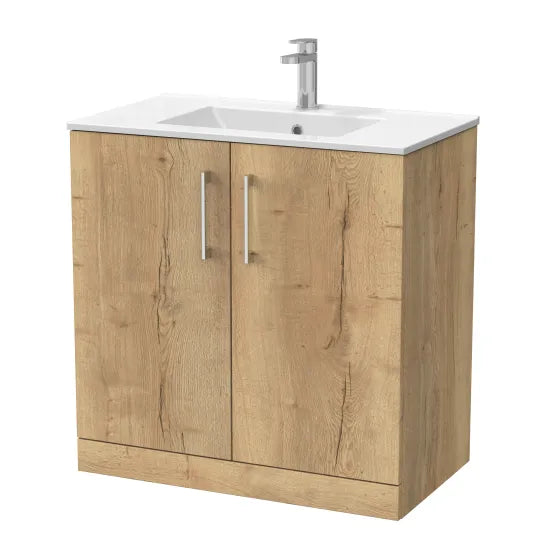 nuie lux Kivo 800mm Autumn Oak 2 Door Floor Standing Vanity Unit With 1 Tap Hole Basin With Worktop