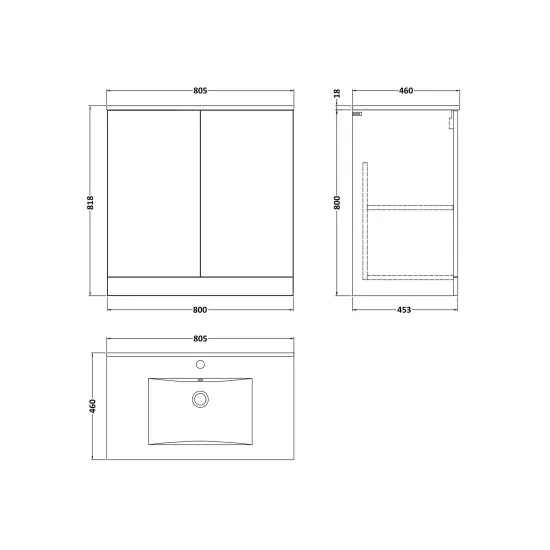 nuie lux Kivo 800mm Autumn Oak 2 Door Floor Standing Vanity Unit With 1 Tap Hole Basin With Worktop