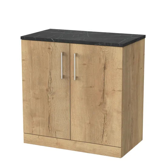 nuie lux Kivo Autumn Oak 2 Door Floor Standing Vanity Unit With Black Pietra Marble Laminate Worktop