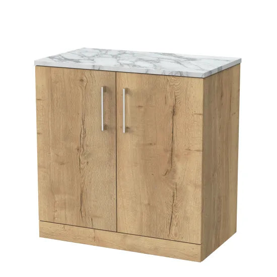 nuie lux Kivo 800mm Autumn Oak 2 Door Floor Standing Vanity Unit With Carrara Laminate Worktop