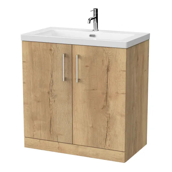 nuie lux Kivo 800mm Autumn Oak 2 Door Floor Standing Vanity Unit With 1 Tap Hole Fireclay Basin