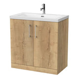 nuie lux Kivo 800mm Autumn Oak 2 Door Floor Standing Vanity Unit With 1 Tap Hole Fireclay Basin
