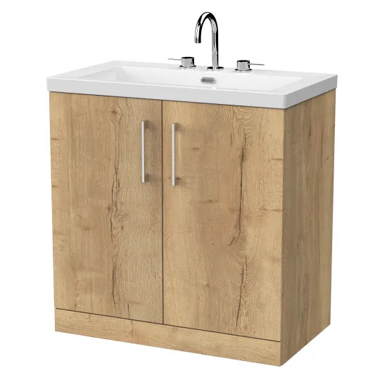 nuie lux Kivo 800mm Autumn Oak 2 Door Floor Standing Vanity Unit With 3 Tap Holes Fireclay Basin