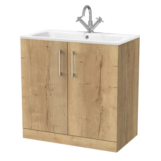 nuie lux Kivo Autumn Oak 800mm Floor Standing 2-Door Unit & Stone Basin 1TH