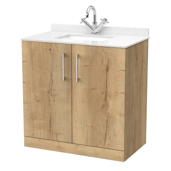 nuie lux Kivo Autumn Oak 2 Door Floor Standing Vanity Unit With 1 Tap Hole Marble Worktop