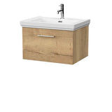 nuie lux Kivo 600mm Autumn Oak 1 Drawer Wall Hung Vanity Unit With 1 Tap Hole Fireclay Basin