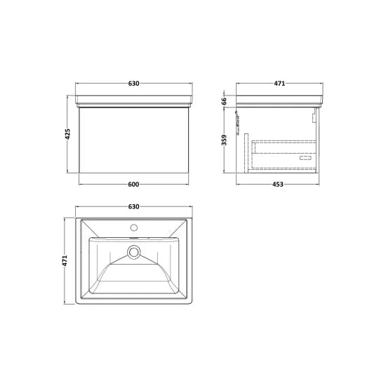 nuie lux Kivo 600mm Autumn Oak 1 Drawer Wall Hung Vanity Unit With 1 Tap Hole Fireclay Basin