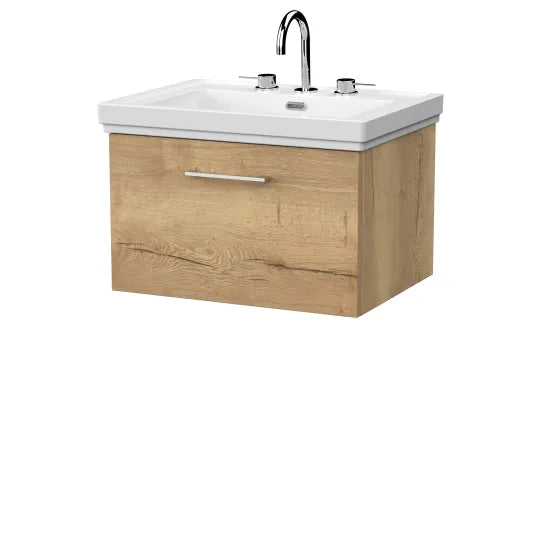 nuie lux Kivo 600mm Autumn Oak 1 Drawer Wall Hung Vanity Unit With 3 Tap Holes Fireclay Basin