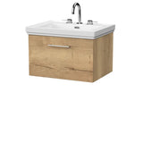 nuie lux Kivo 600mm Autumn Oak 1 Drawer Wall Hung Vanity Unit With 3 Tap Holes Fireclay Basin