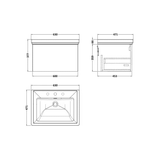 nuie lux Kivo 600mm Autumn Oak 1 Drawer Wall Hung Vanity Unit With 3 Tap Holes Fireclay Basin