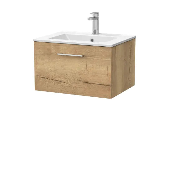 nuie lux Kivo 600mm Autumn Oak 1 Drawer Wall Hung Vanity Unit With 1 Tap Hole Square Basin With Worktop