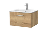 nuie lux Kivo 600mm Autumn Oak 1 Drawer Wall Hung Vanity Unit With 1 Tap Hole Square Basin With Worktop