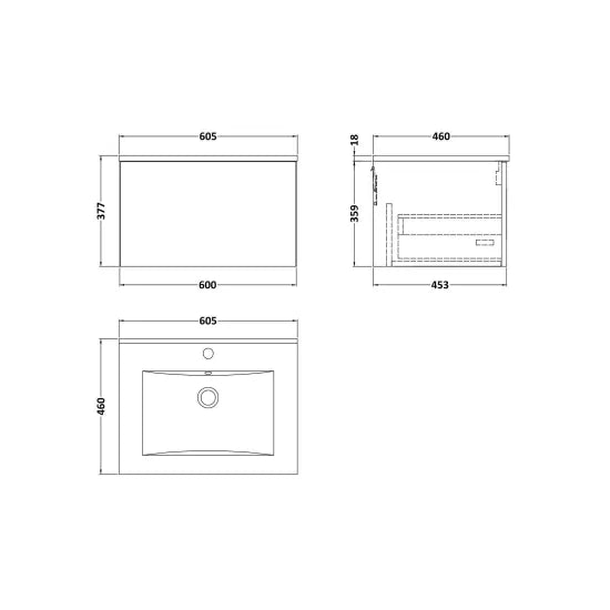 nuie lux Kivo 600mm Autumn Oak 1 Drawer Wall Hung Vanity Unit With 1 Tap Hole Square Basin With Worktop