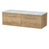 nuie lux Kivo 1200mm Autumn Oak 2 Drawer Wall Hung Vanity Unit With Bellato Grey Worktop