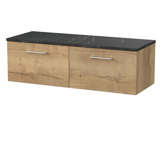 nuie lux Kivo 1200mm Autumn Oak 2 Drawer Wall Hung Vanity Unit With Black Pietra Marble Laminate Worktop