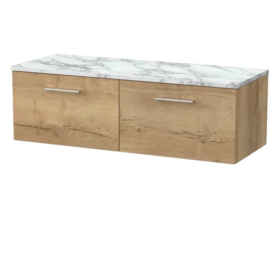 nuie lux Kivo 1200mm Autumn Oak 2 Drawer Wall Hung Vanity With Carrara Laminate Worktop
