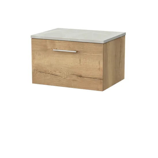 nuie lux Kivo 600mm Autumn Oak 1 Drawer Wall Hung Vanity Unit With Cracked Marble Plaster Laminate Worktop