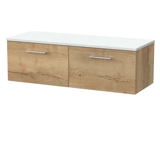 nuie lux Kivo 1200mm Autumn Oak 2 Drawer Wall Hung Vanity Unit With White Matt Nebula Worktop