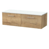nuie lux Kivo 1200mm Autumn Oak 2 Drawer Wall Hung Vanity Unit With White Matt Nebula Worktop