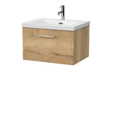nuie lux Kivo 600mm Autumn Oak 1 Drawer Wall Hung Vanity Unit With 1 Tap Hole Fireclay Square Basin