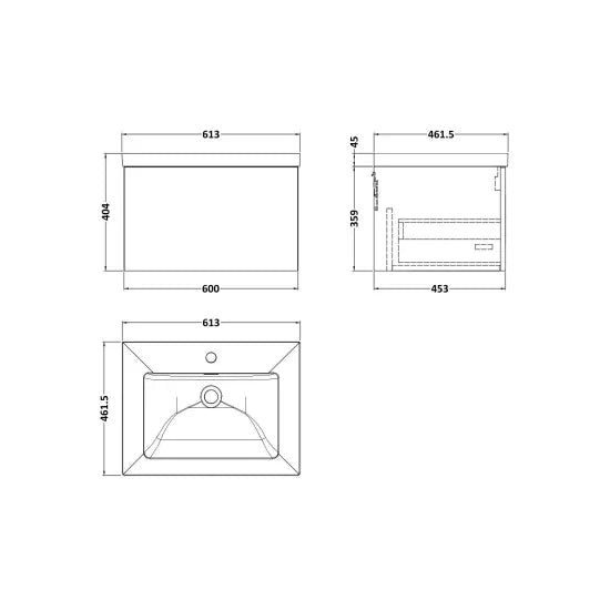 nuie lux Kivo 600mm Autumn Oak 1 Drawer Wall Hung Vanity Unit With 1 Tap Hole Fireclay Square Basin