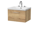 nuie lux Kivo 600mm Autumn Oak 1 Drawer Wall Hung Vanity Unit With 3 Tap Holes Fireclay Square Basin