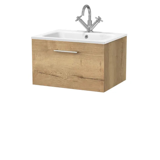 nuie lux Kivo Autumn Oak Wall Hung 1-Drawer Unit & Stone Basin 1TH