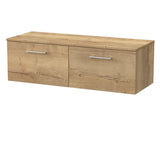 nuie lux Kivo 1200mm Autumn Oak 2 Drawer Wall Hung Vanity Unit With Co-ordinating Worktop