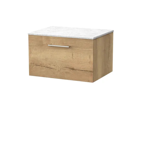 nuie lux Kivo 600mm Autumn Oak 1 Drawer Wall Hung Vanity Unit With Marble Worktop