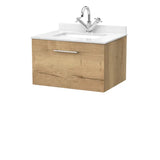 nuie lux Kivo 600mm Autumn Oak 1 Drawer Wall Hung Vanity Unit With 1 Tap Hole Marble Worktop