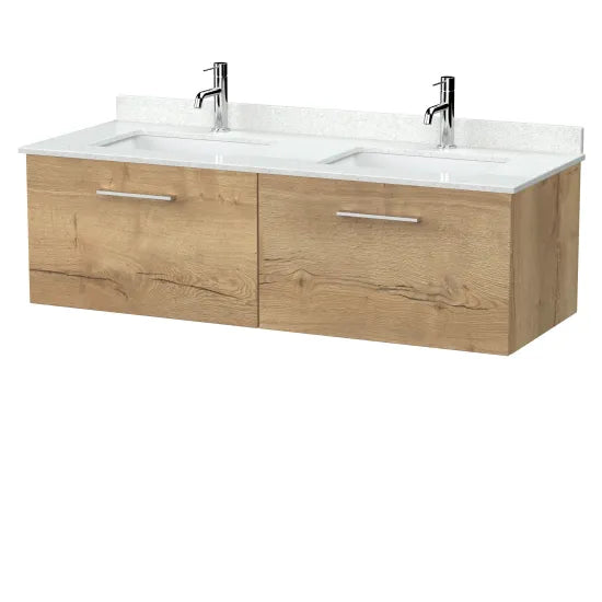 nuie lux Kivo 1200mm Autumn Oak 2 Drawer Wall Hung Vanity With Twin Marble Basin