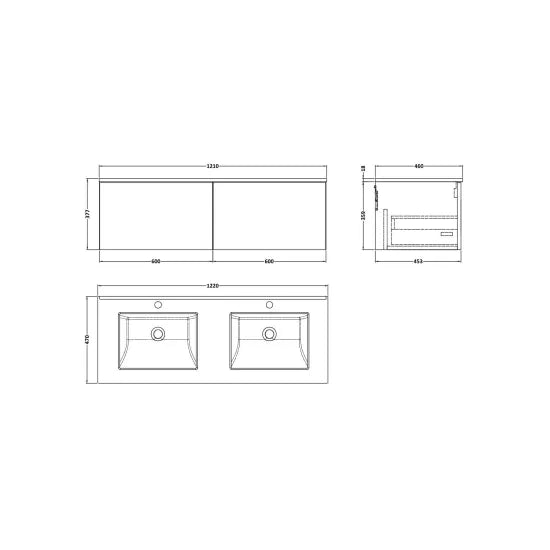 nuie lux Kivo 1200mm Autumn Oak 2 Drawer Wall Hung Vanity With Twin Marble Basin