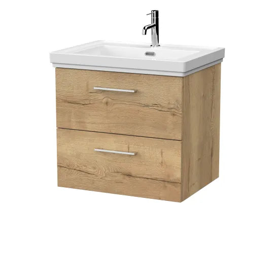 nuie lux Kivo Autumn Oak 2 Drawer Wall Hung Vanity Unit With 1 Tap Hole Fireclay Basin With Ceramic Basin