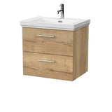 nuie lux Kivo Autumn Oak 2 Drawer Wall Hung Vanity Unit With 1 Tap Hole Fireclay Basin With Ceramic Basin