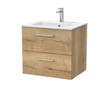 nuie lux Kivo 600mm Autumn Oak 2 Drawer Wall Hung Vanity Unit With 1 Tap Hole Square Basin With Worktop