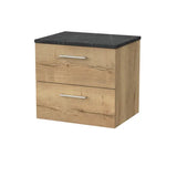 nuie lux Kivo Autumn Oak 2 Drawer Wall Hung Vanity Unit With Black Pietra Marble Laminate Worktop