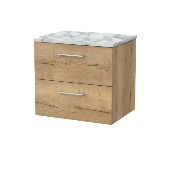 nuie lux Kivo 600mm Autumn Oak 2 Drawer Wall Hung Vanity Unit With Carrara Laminate Worktop