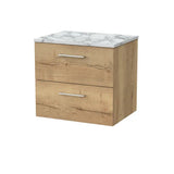 nuie lux Kivo 600mm Autumn Oak 2 Drawer Wall Hung Vanity Unit With Carrara Laminate Worktop