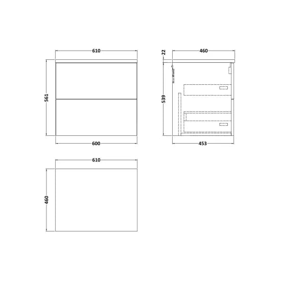 nuie lux Kivo 600mm Autumn Oak 2 Drawer Wall Hung Vanity Unit With Carrara Laminate Worktop
