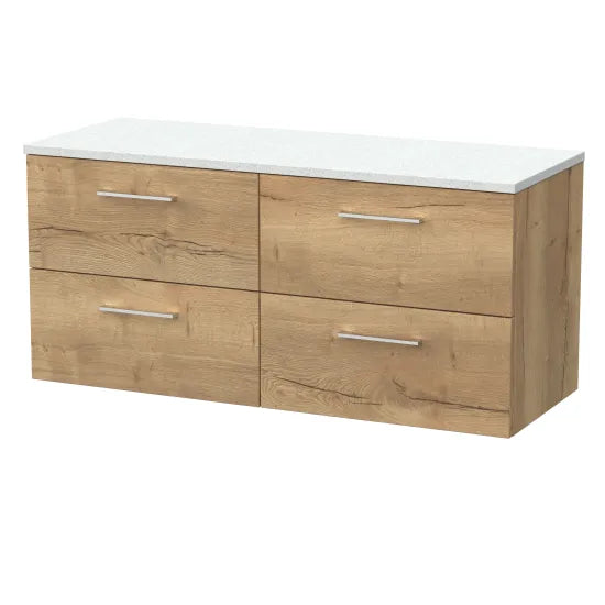 nuie lux Kivo 1200mm Autumn Oak 4 Drawer Wall Hung Vanity Unit With White Matt Nebula Worktop