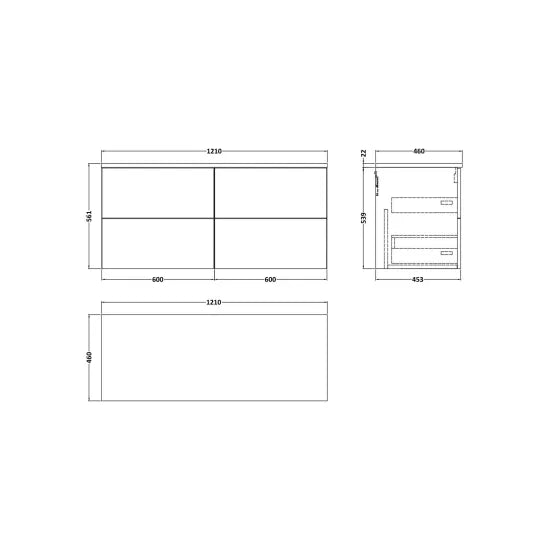 nuie lux Kivo 1200mm Autumn Oak 4 Drawer Wall Hung Vanity Unit With White Matt Nebula Worktop