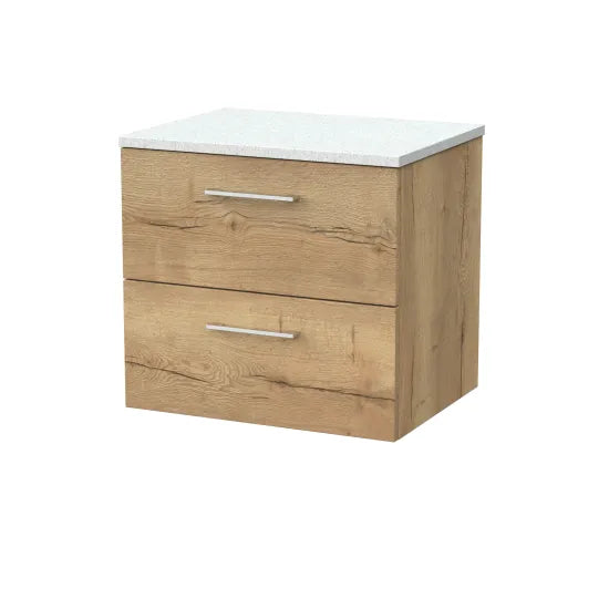 nuie lux Kivo Autumn Oak 2 Drawer Wall Hung Vanity Unit With White Matt Nebula Worktop